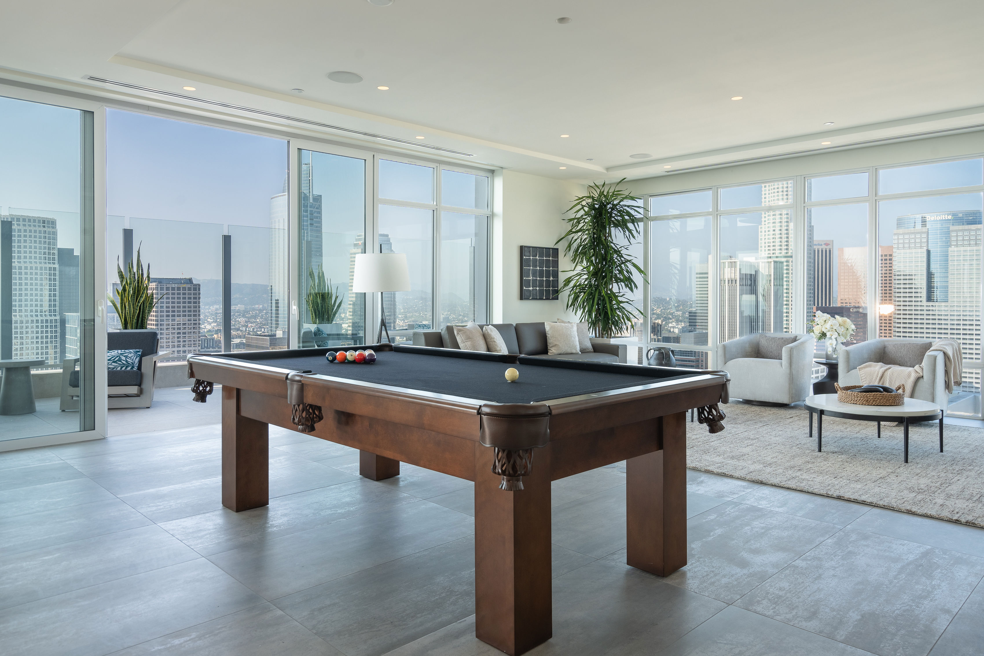 825 S. Hill upper-level games room with pool table and city views