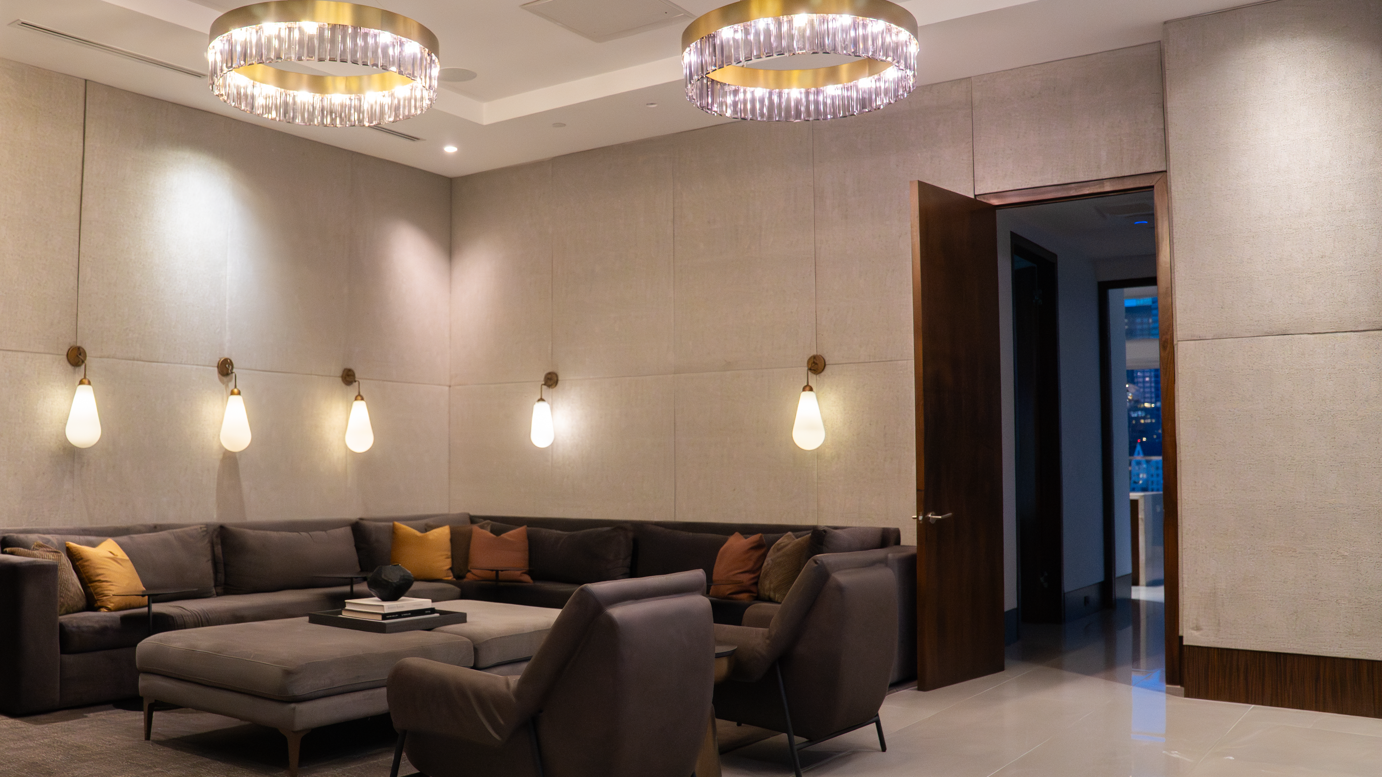 888 S. Olive interior lounge at evening with dramatic pendants