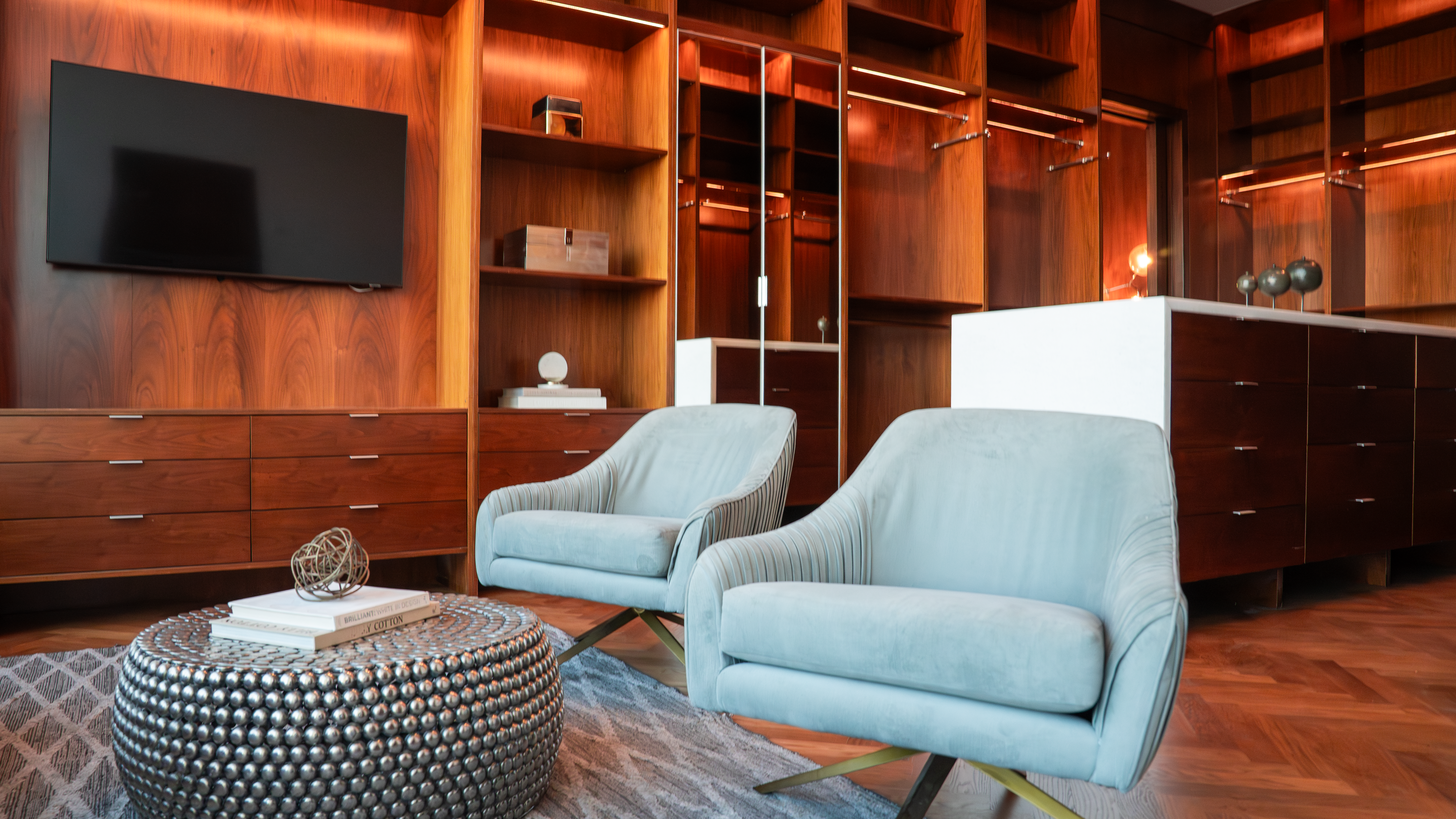 888 S. Olive primary suite dressing room with custom wood cabinetry