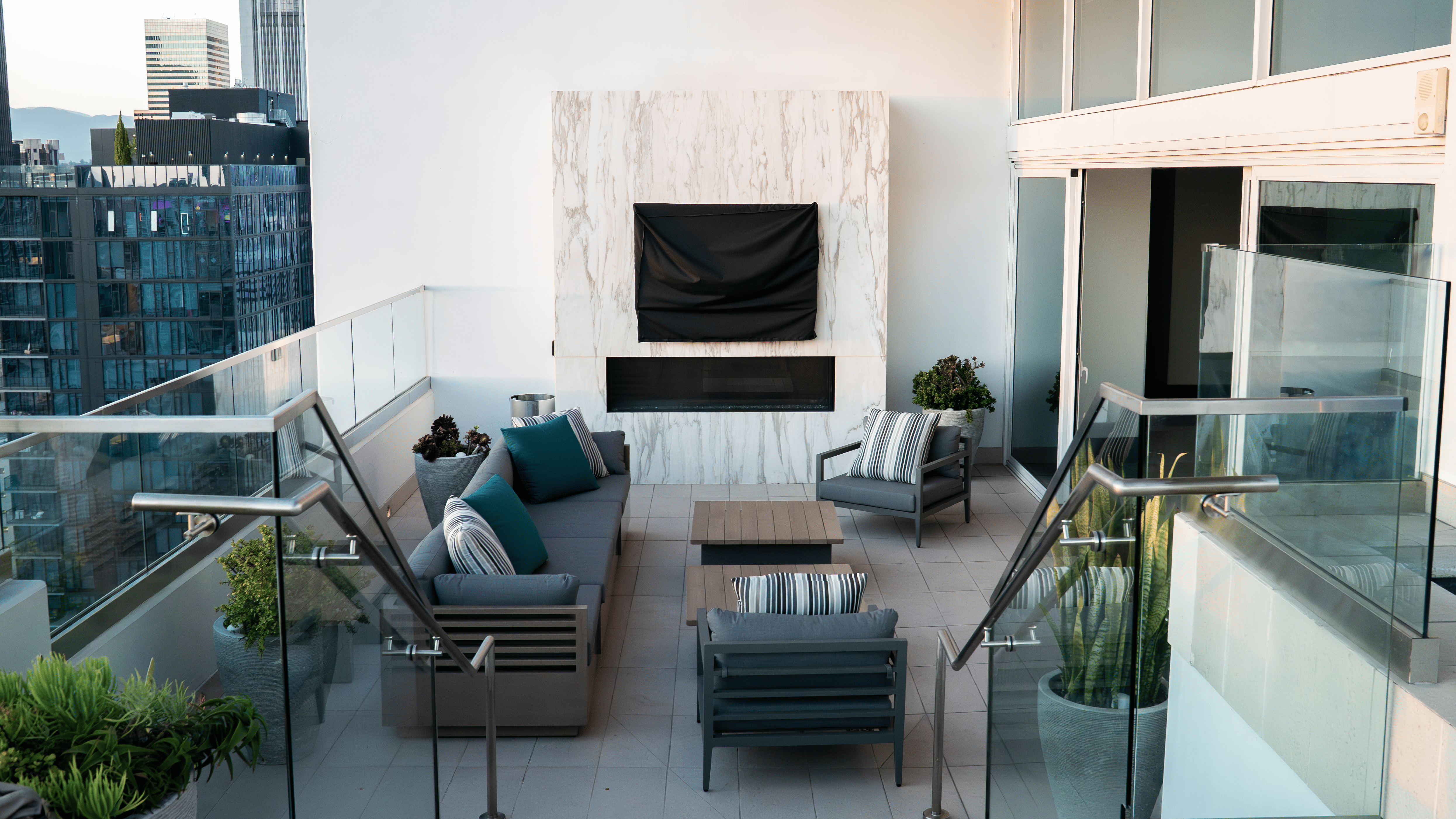 888 S. Olive private terrace with marble fireplace